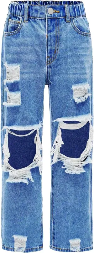 Floerns Girls Elastic Waist Distressed Ripped Straight Leg Denim Jeans