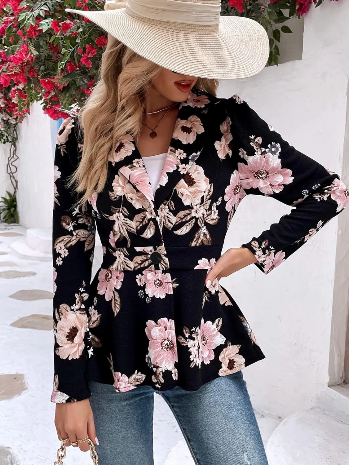 Floerns Women's Floral Print Button Up Long Sleeve Flared Peplum Causal Blazer Jackets