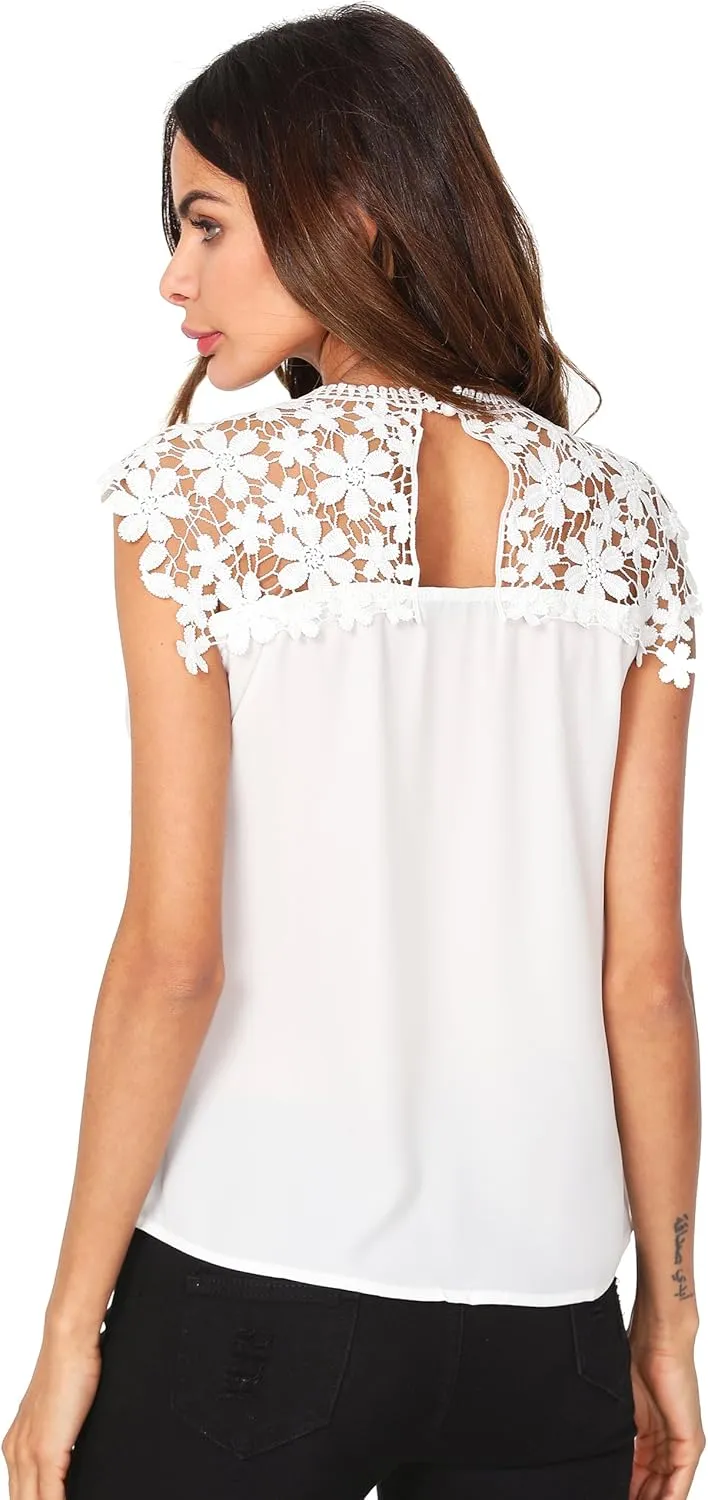 Floerns Women's Lace Neckline Sleeveless Chiffon Blouse Top