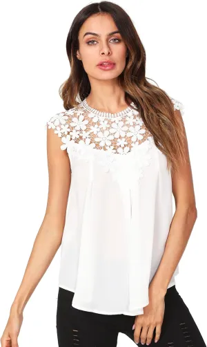 Floerns Women's Lace Neckline Sleeveless Chiffon Blouse Top