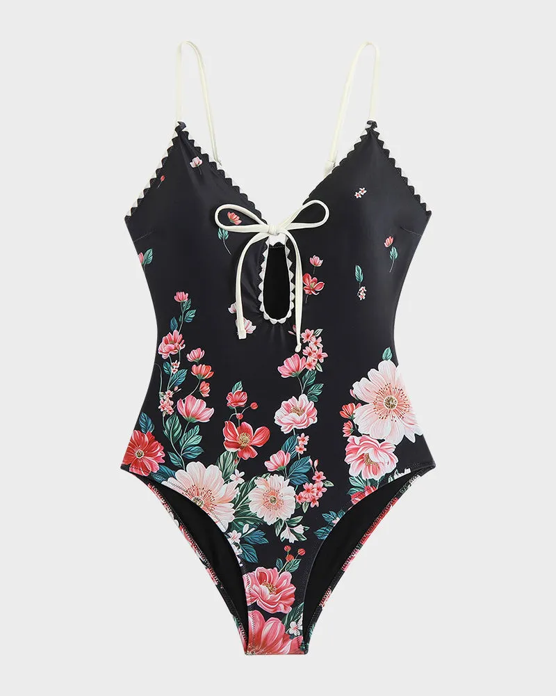 Floral Print Deep V Bow Tie Swimsuit