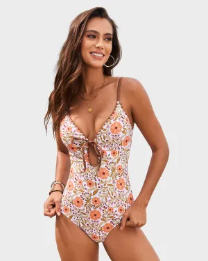 Floral Print Deep V Bow Tie Swimsuit