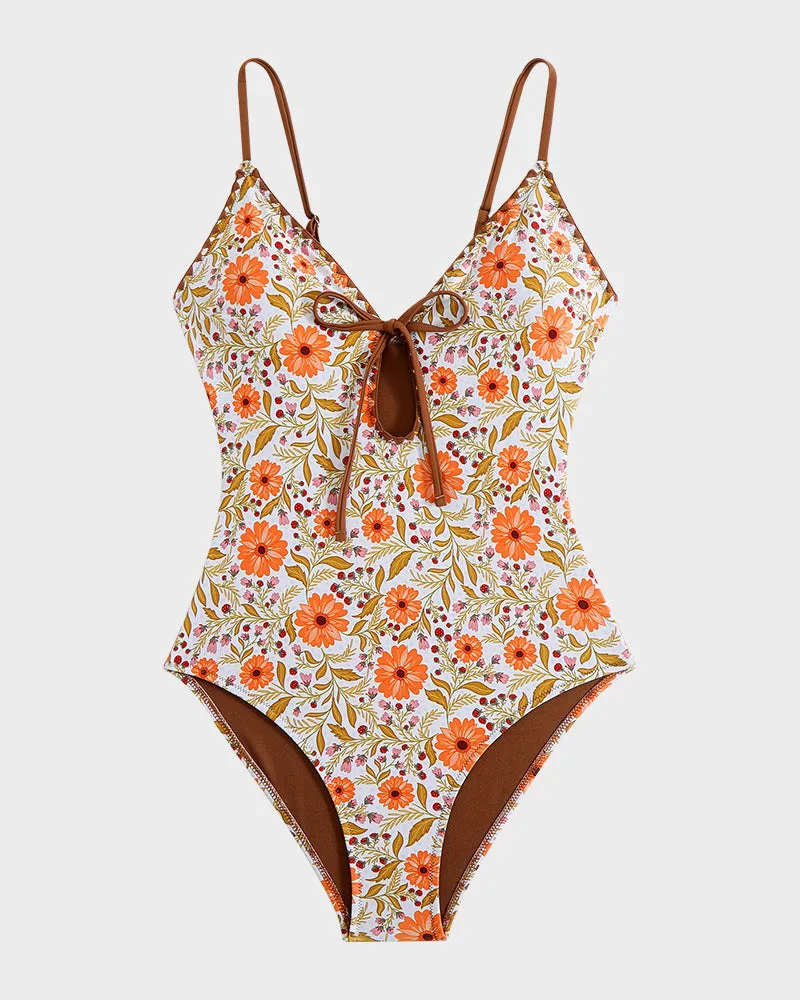 Floral Print Deep V Bow Tie Swimsuit