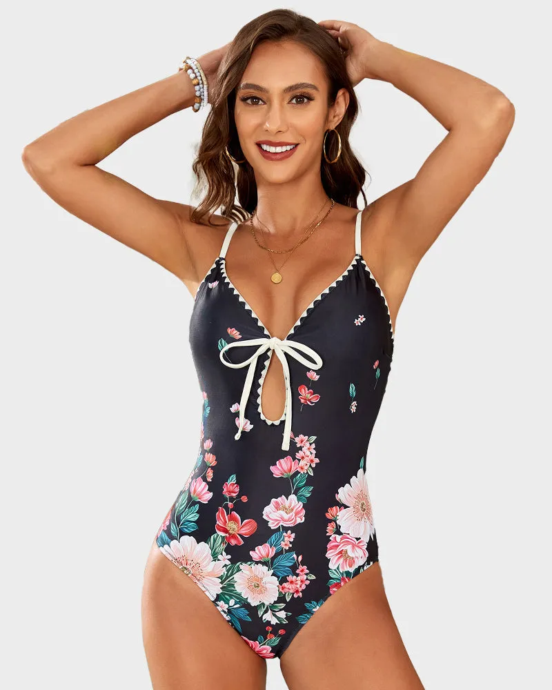 Floral Print Deep V Bow Tie Swimsuit