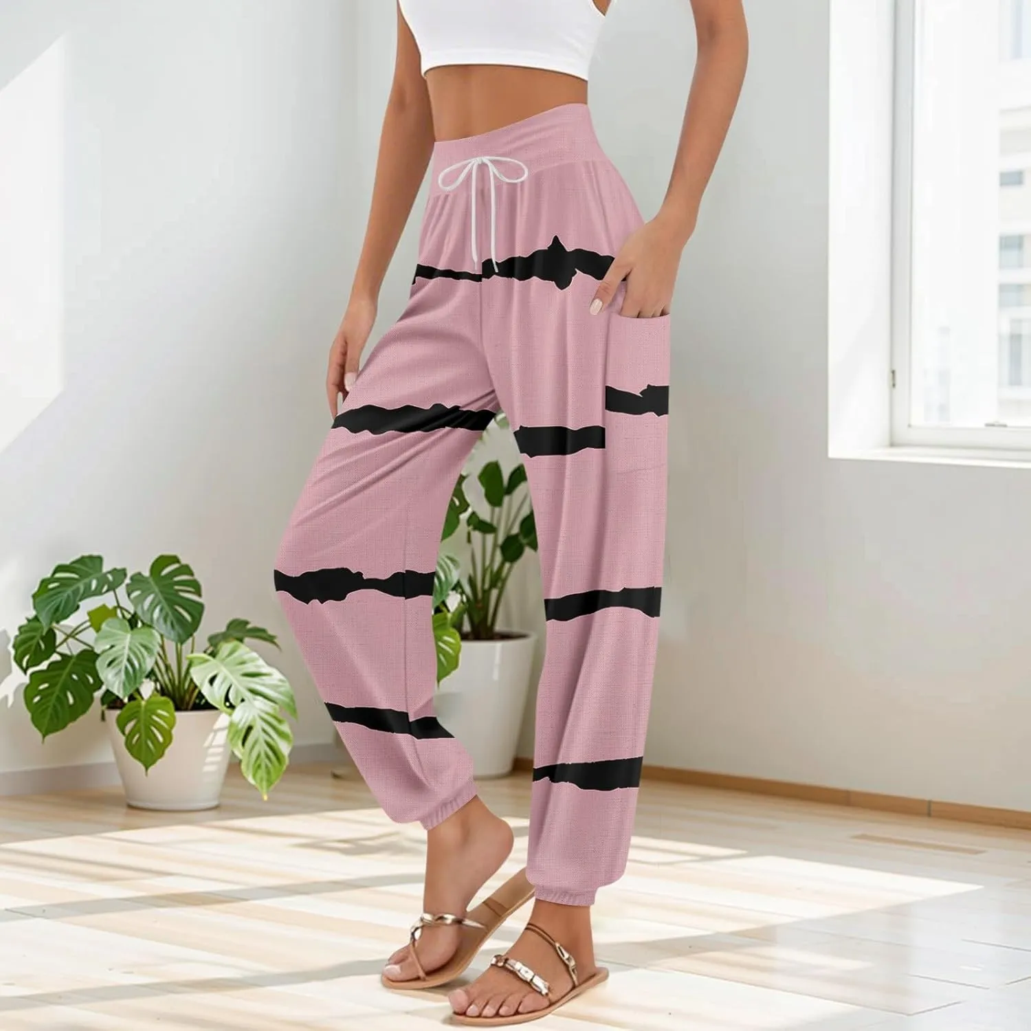 Flowy Pants for Women,Women's Harem Pants, High Waist Drawstring Joggers Boho Trousers Hippie Clothes with Pockets A0