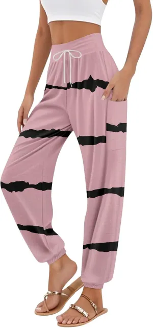 Flowy Pants for Women,Women's Harem Pants, High Waist Drawstring Joggers Boho Trousers Hippie Clothes with Pockets A0