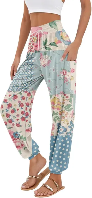 Flowy Pants for Women,Women's Harem Pants, High Waist Drawstring Joggers Boho Trousers Hippie Clothes with Pockets B1