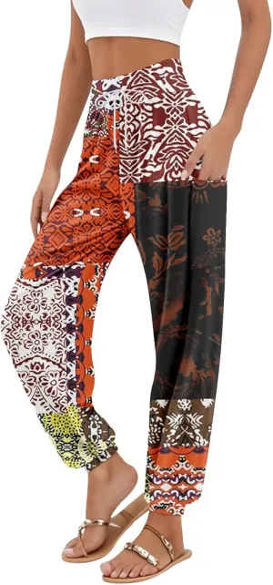 Flowy Pants for Women,Women's Harem Pants, High Waist Drawstring Joggers Boho Trousers Hippie Clothes with Pockets B1