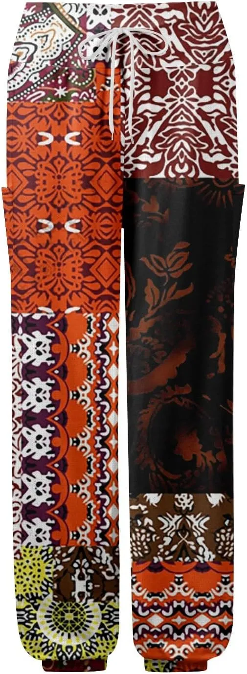 Flowy Pants for Women,Women's Harem Pants, High Waist Drawstring Joggers Boho Trousers Hippie Clothes with Pockets B1