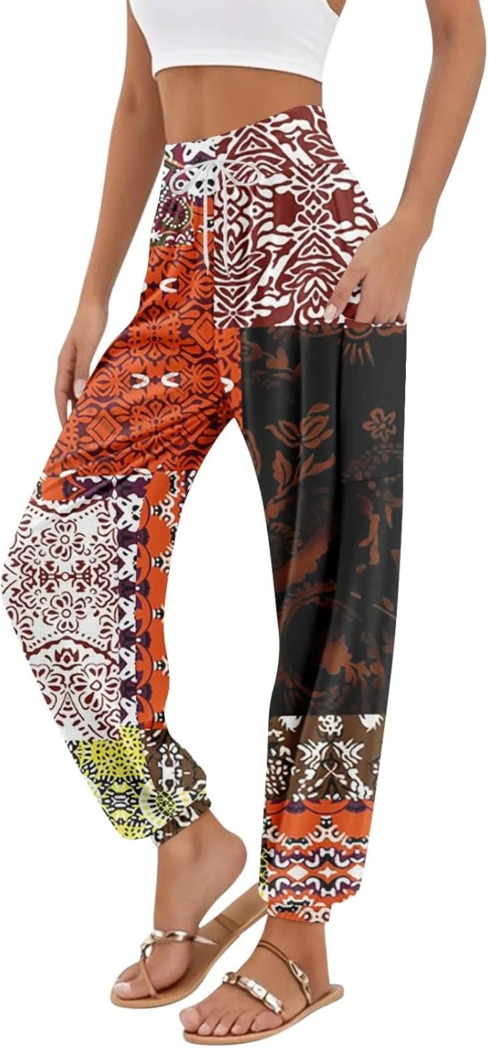 Flowy Pants for Women,Women's Harem Pants, High Waist Drawstring Joggers Boho Trousers Hippie Clothes with Pockets B1