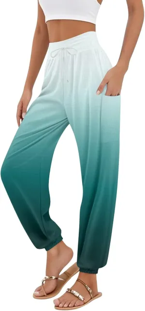Flowy Pants for Women,Women's Harem Pants, High Waist Drawstring Joggers Boho Trousers Hippie Clothes with Pockets D1