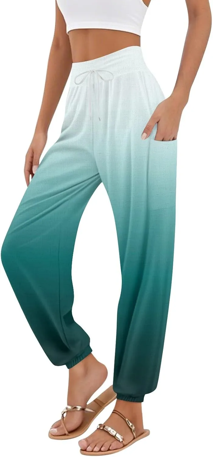 Flowy Pants for Women,Women's Harem Pants, High Waist Drawstring Joggers Boho Trousers Hippie Clothes with Pockets D1