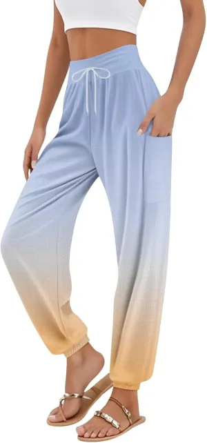 Flowy Pants for Women,Women's Harem Pants, High Waist Drawstring Joggers Boho Trousers Hippie Clothes with Pockets D1