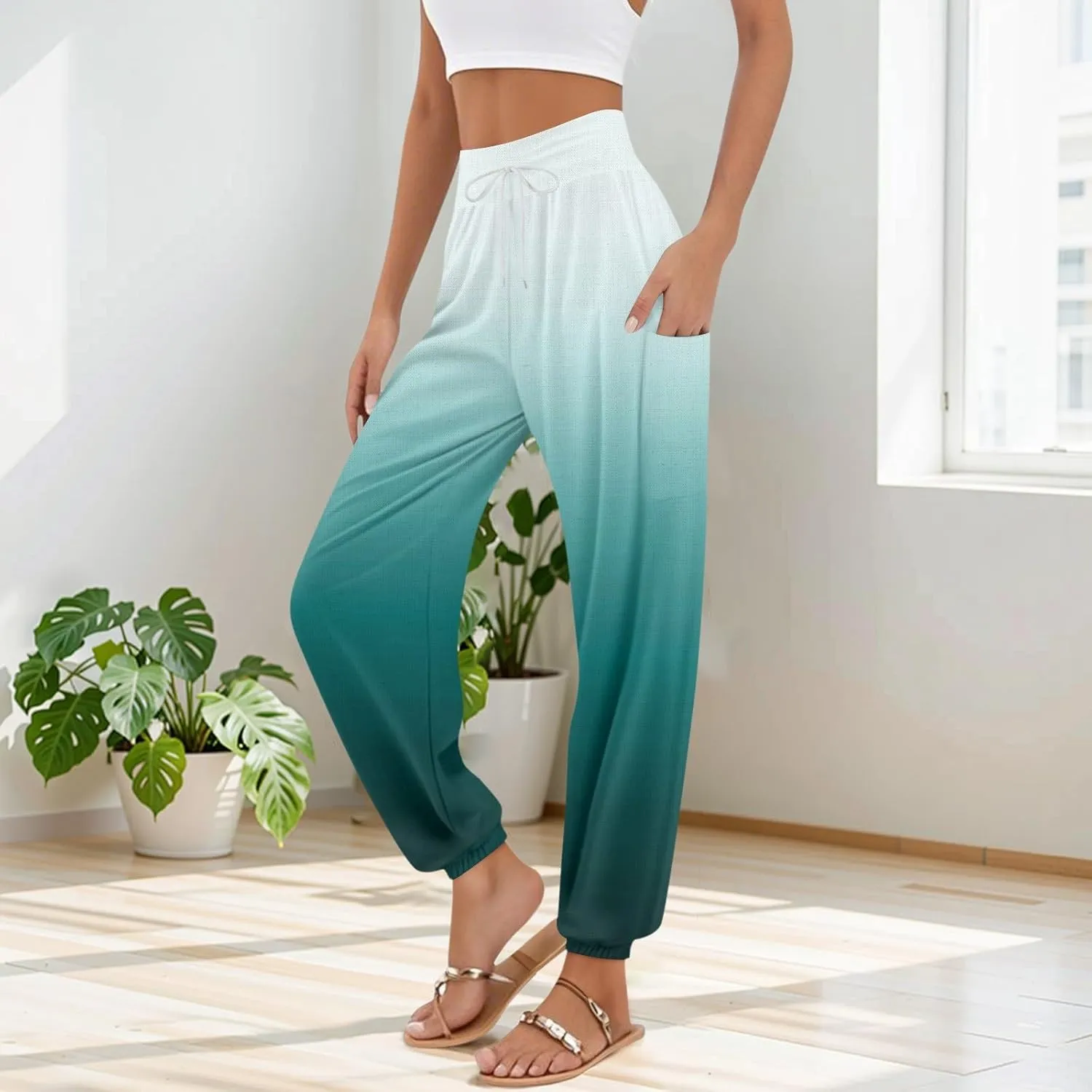 Flowy Pants for Women,Women's Harem Pants, High Waist Drawstring Joggers Boho Trousers Hippie Clothes with Pockets D1