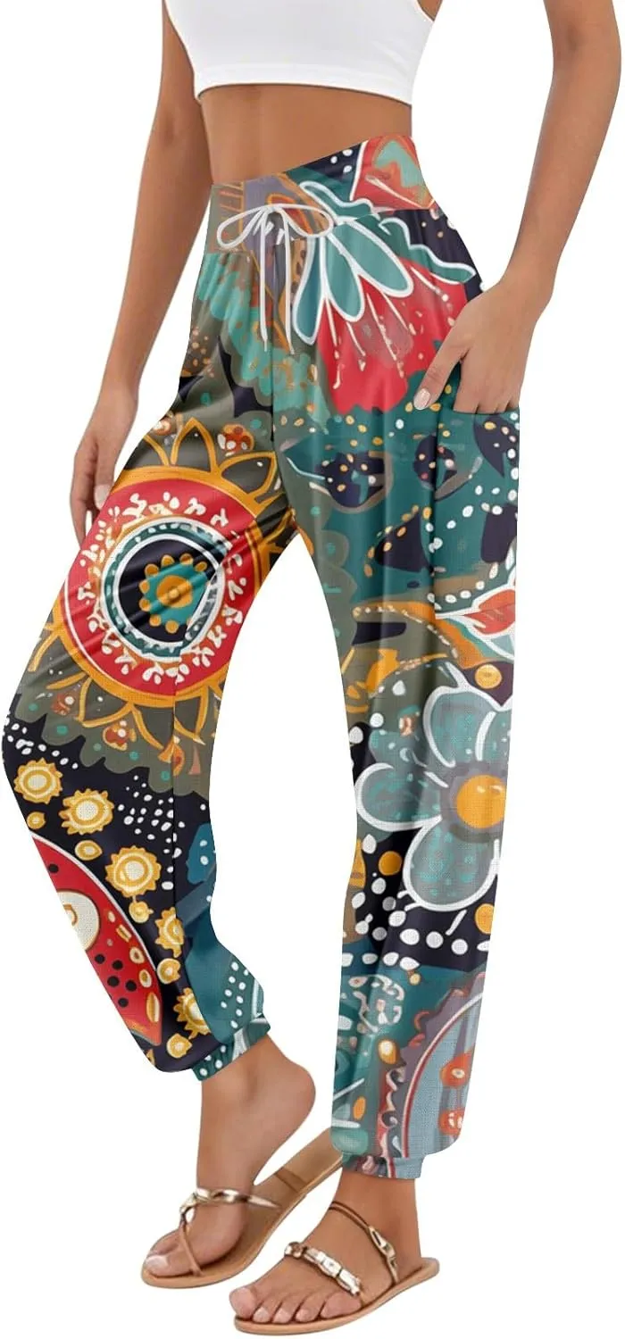 Flowy Pants for Women,Women's Harem Pants, High Waist Drawstring Joggers Boho Trousers Hippie Clothes with Pockets D2
