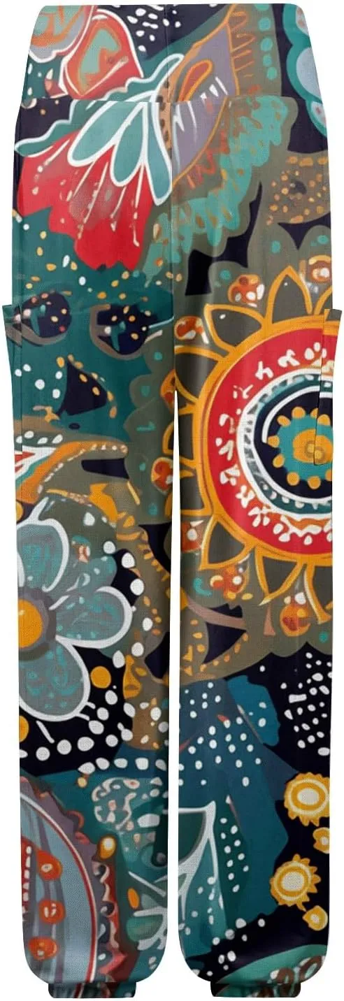 Flowy Pants for Women,Women's Harem Pants, High Waist Drawstring Joggers Boho Trousers Hippie Clothes with Pockets D2