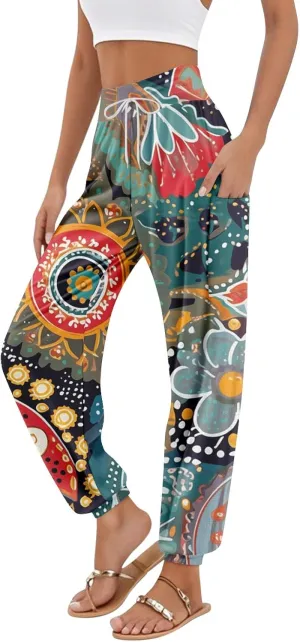 Flowy Pants for Women,Women's Harem Pants, High Waist Drawstring Joggers Boho Trousers Hippie Clothes with Pockets D2