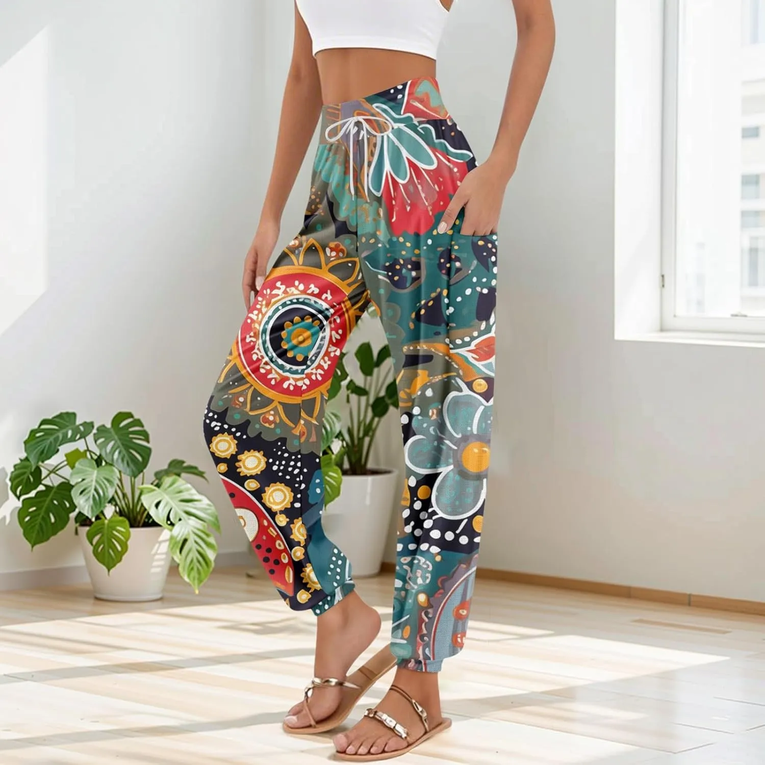 Flowy Pants for Women,Women's Harem Pants, High Waist Drawstring Joggers Boho Trousers Hippie Clothes with Pockets D2