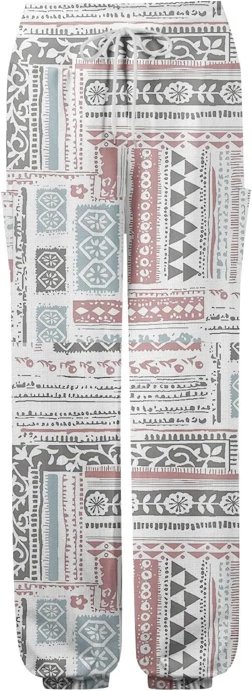 Flowy Pants for Women,Women's Harem Pants, High Waist Drawstring Joggers Boho Trousers Hippie Clothes with Pockets F1