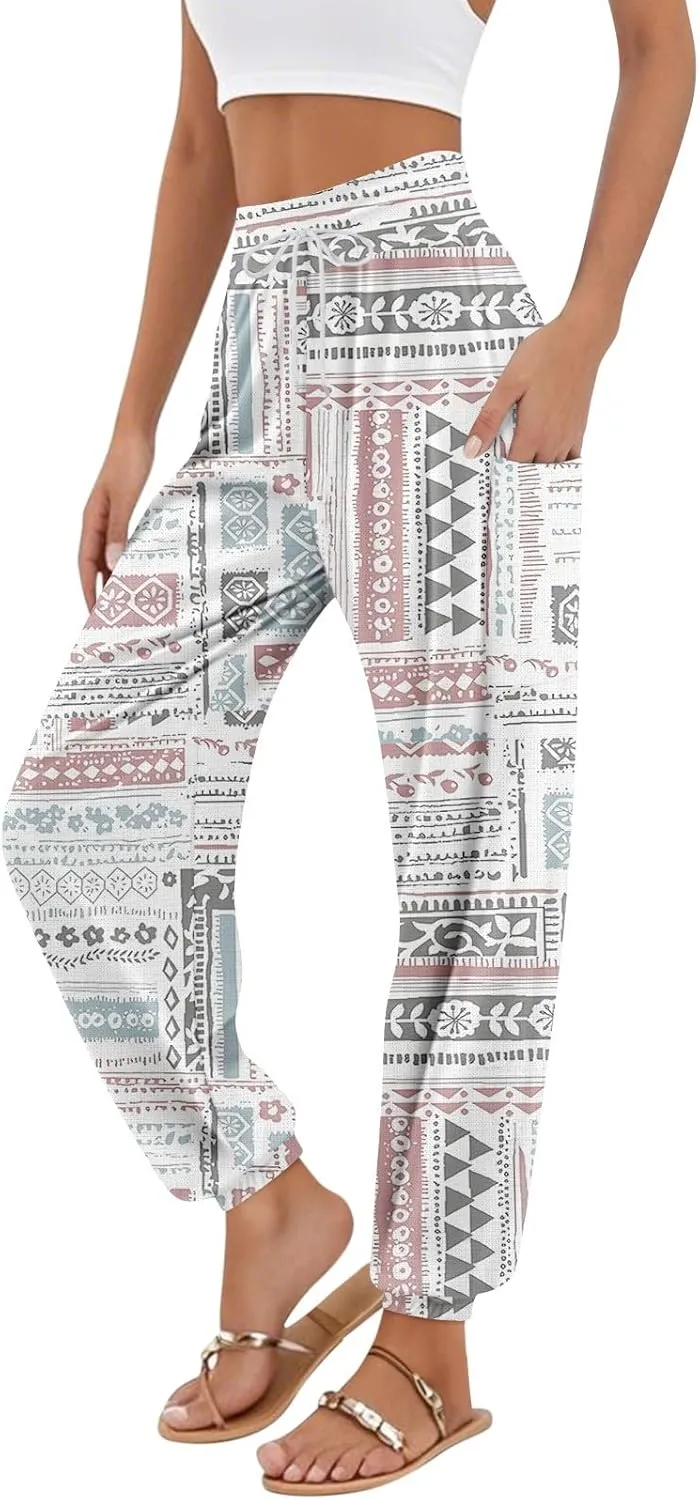 Flowy Pants for Women,Women's Harem Pants, High Waist Drawstring Joggers Boho Trousers Hippie Clothes with Pockets F1