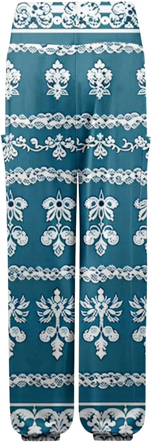 Flowy Pants for Women,Women's Harem Pants, High Waist Drawstring Joggers Boho Trousers Hippie Clothes with Pockets F1