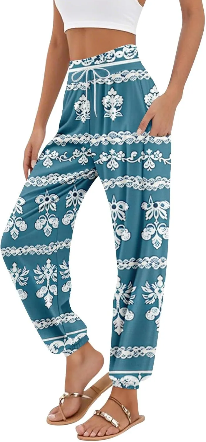 Flowy Pants for Women,Women's Harem Pants, High Waist Drawstring Joggers Boho Trousers Hippie Clothes with Pockets F1
