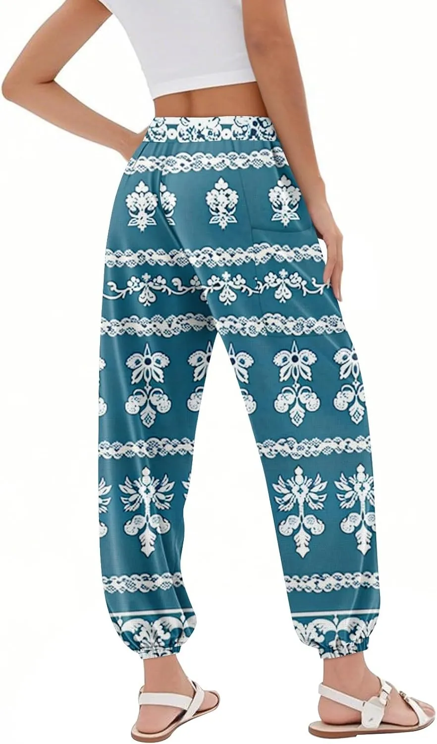 Flowy Pants for Women,Women's Harem Pants, High Waist Drawstring Joggers Boho Trousers Hippie Clothes with Pockets F1