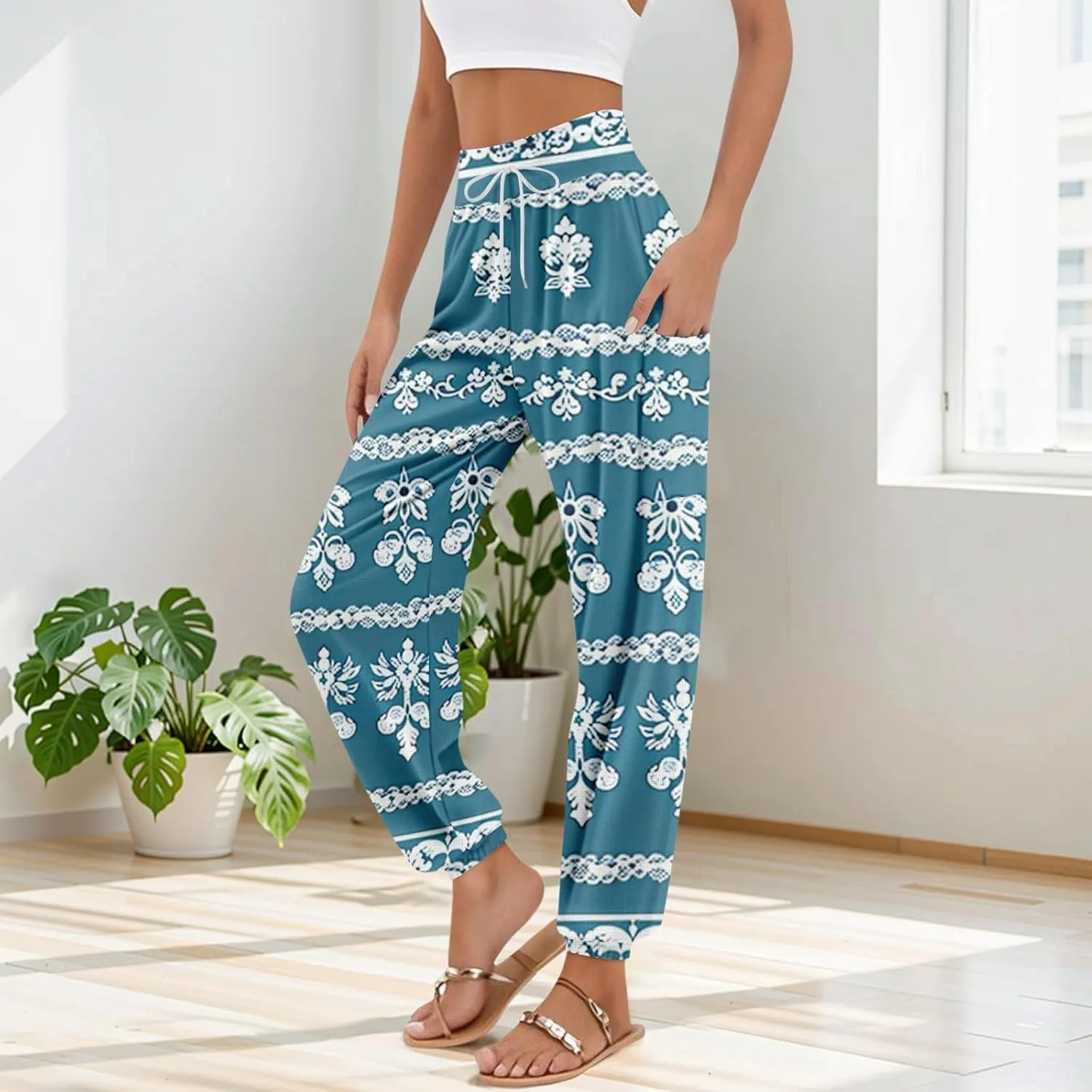 Flowy Pants for Women,Women's Harem Pants, High Waist Drawstring Joggers Boho Trousers Hippie Clothes with Pockets F1