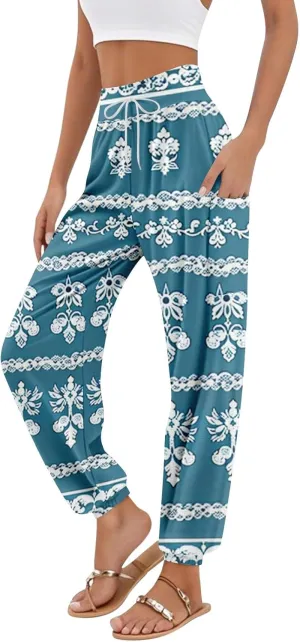Flowy Pants for Women,Women's Harem Pants, High Waist Drawstring Joggers Boho Trousers Hippie Clothes with Pockets F1