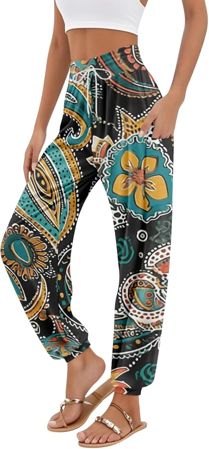 Flowy Pants for Women,Women's Harem Pants, High Waist Drawstring Joggers Boho Trousers Hippie Clothes with Pockets I2