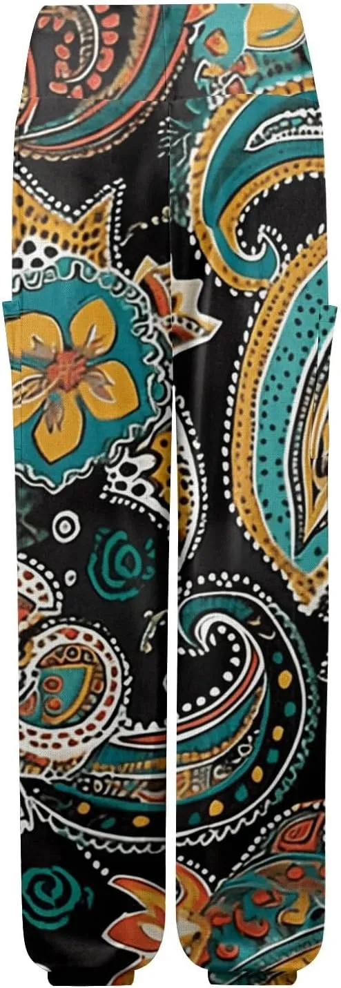 Flowy Pants for Women,Women's Harem Pants, High Waist Drawstring Joggers Boho Trousers Hippie Clothes with Pockets I2