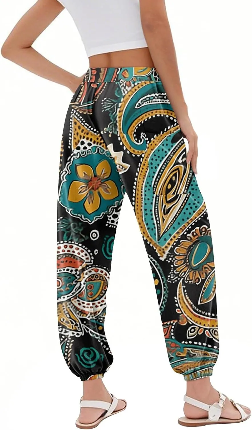 Flowy Pants for Women,Women's Harem Pants, High Waist Drawstring Joggers Boho Trousers Hippie Clothes with Pockets I2