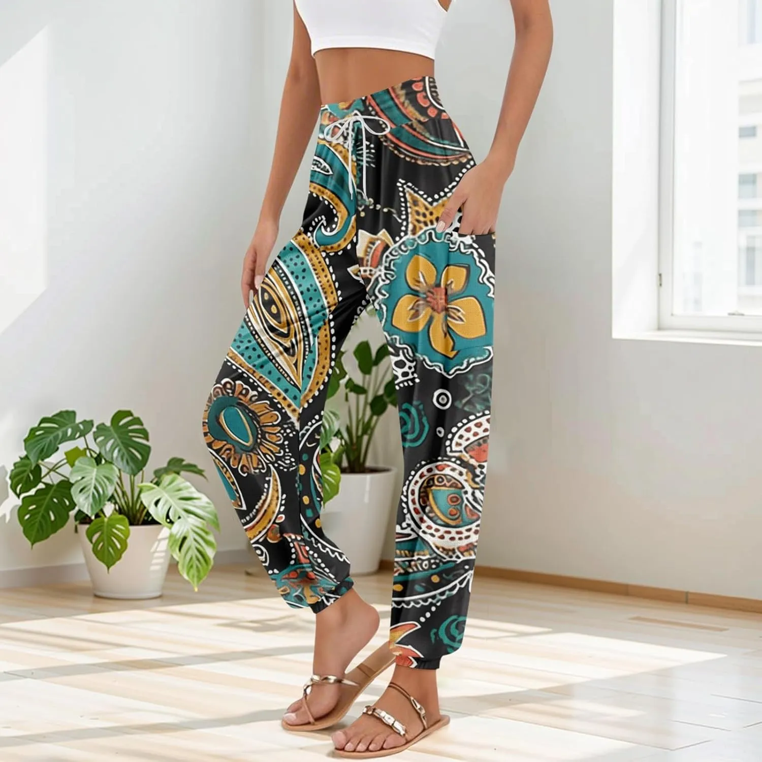 Flowy Pants for Women,Women's Harem Pants, High Waist Drawstring Joggers Boho Trousers Hippie Clothes with Pockets I2