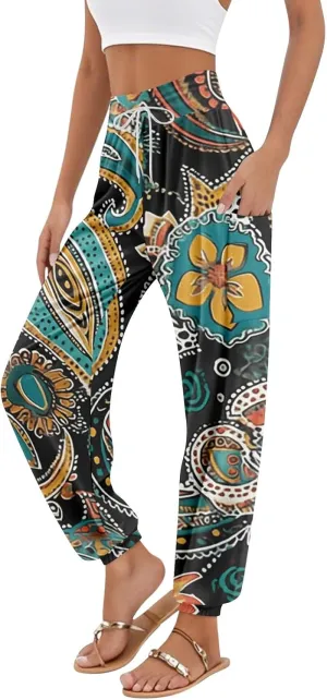 Flowy Pants for Women,Women's Harem Pants, High Waist Drawstring Joggers Boho Trousers Hippie Clothes with Pockets I2