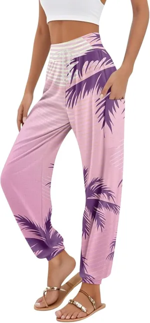 Flowy Pants for Women,Women's Harem Pants, High Waist Drawstring Joggers Boho Trousers Hippie Clothes with Pockets J2