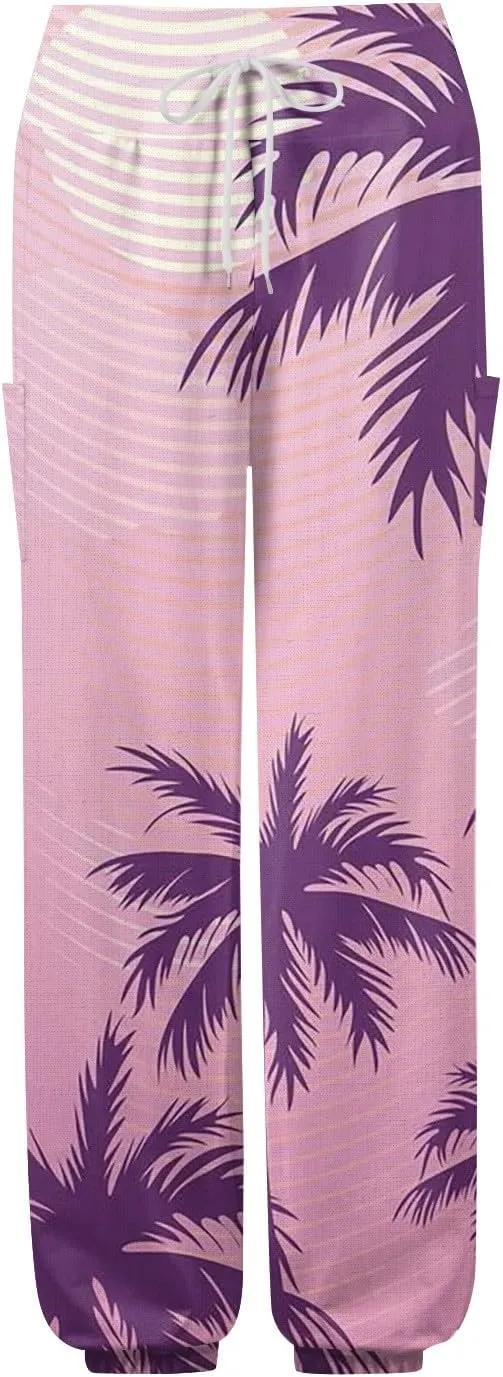 Flowy Pants for Women,Women's Harem Pants, High Waist Drawstring Joggers Boho Trousers Hippie Clothes with Pockets J2