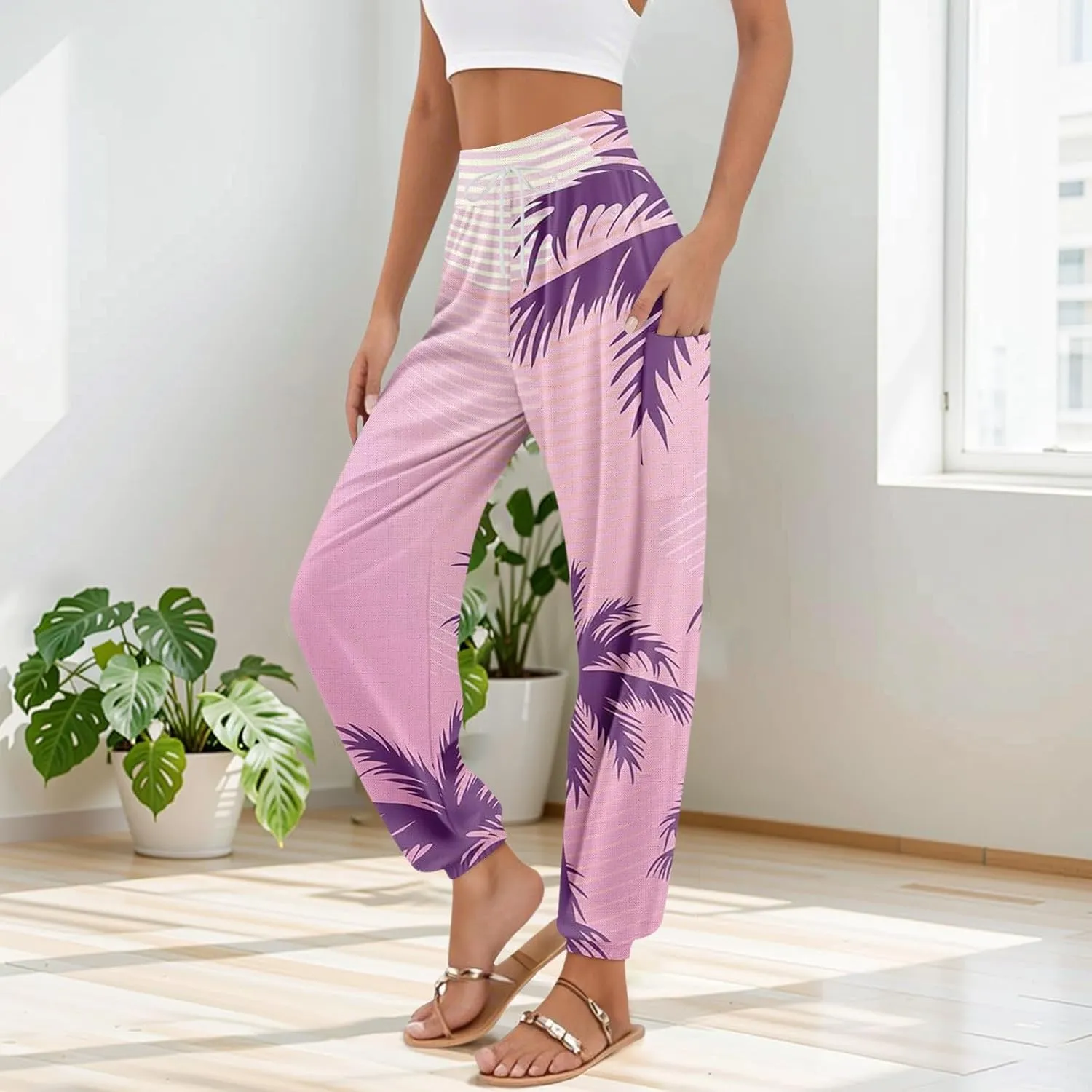 Flowy Pants for Women,Women's Harem Pants, High Waist Drawstring Joggers Boho Trousers Hippie Clothes with Pockets J2