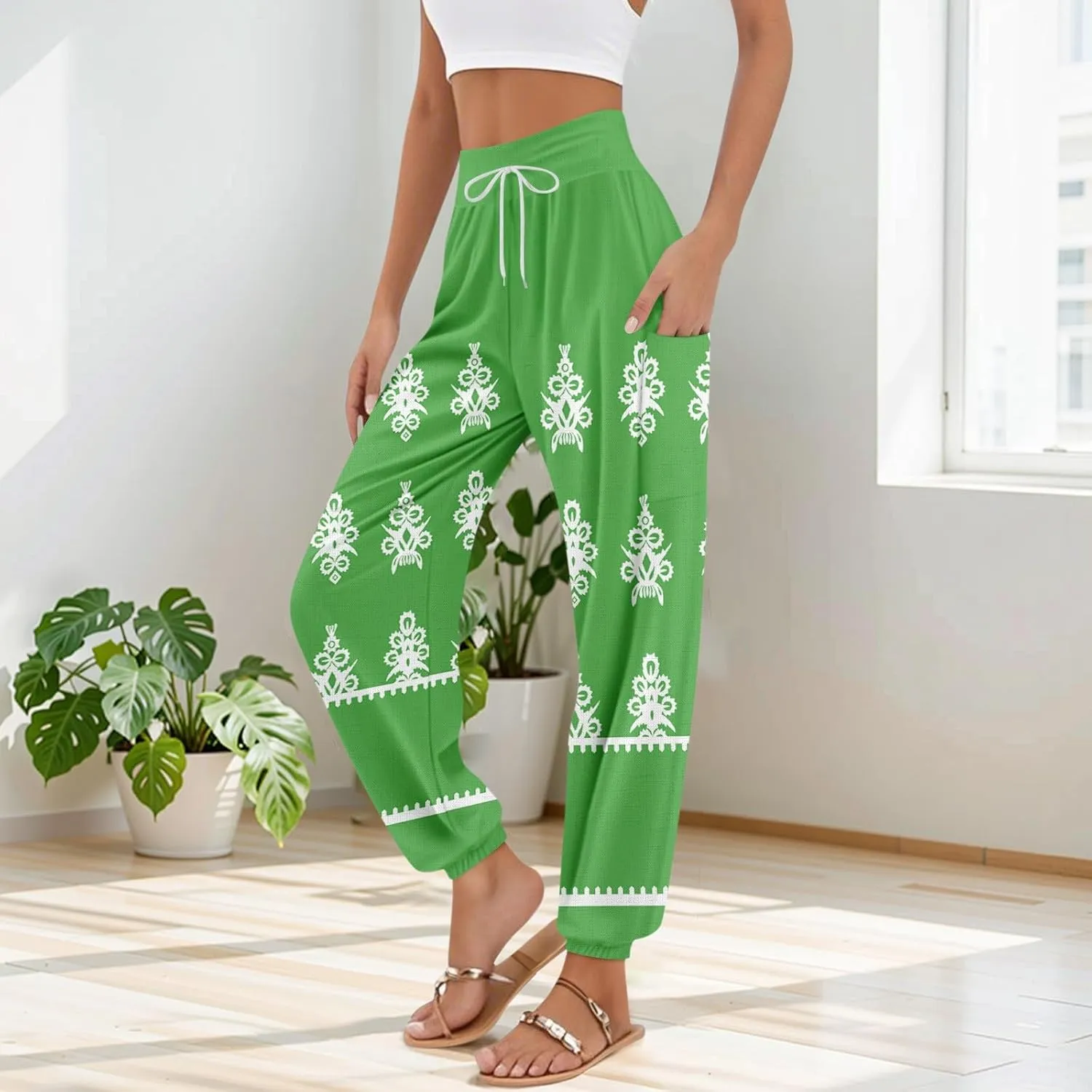 Flowy Pants for Women,Women's Harem Pants, High Waist Drawstring Joggers Boho Trousers Hippie Clothes with Pockets