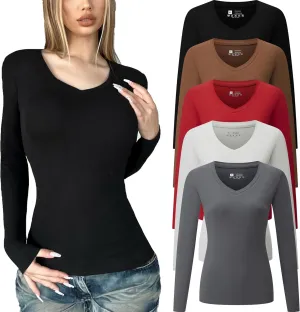 FMNNNN 5 Piece Womens V Neck Long Sleeve Shirts Basic Spring Crop Tops Fall Fashion Layering Slim Fitted Y2k Tops