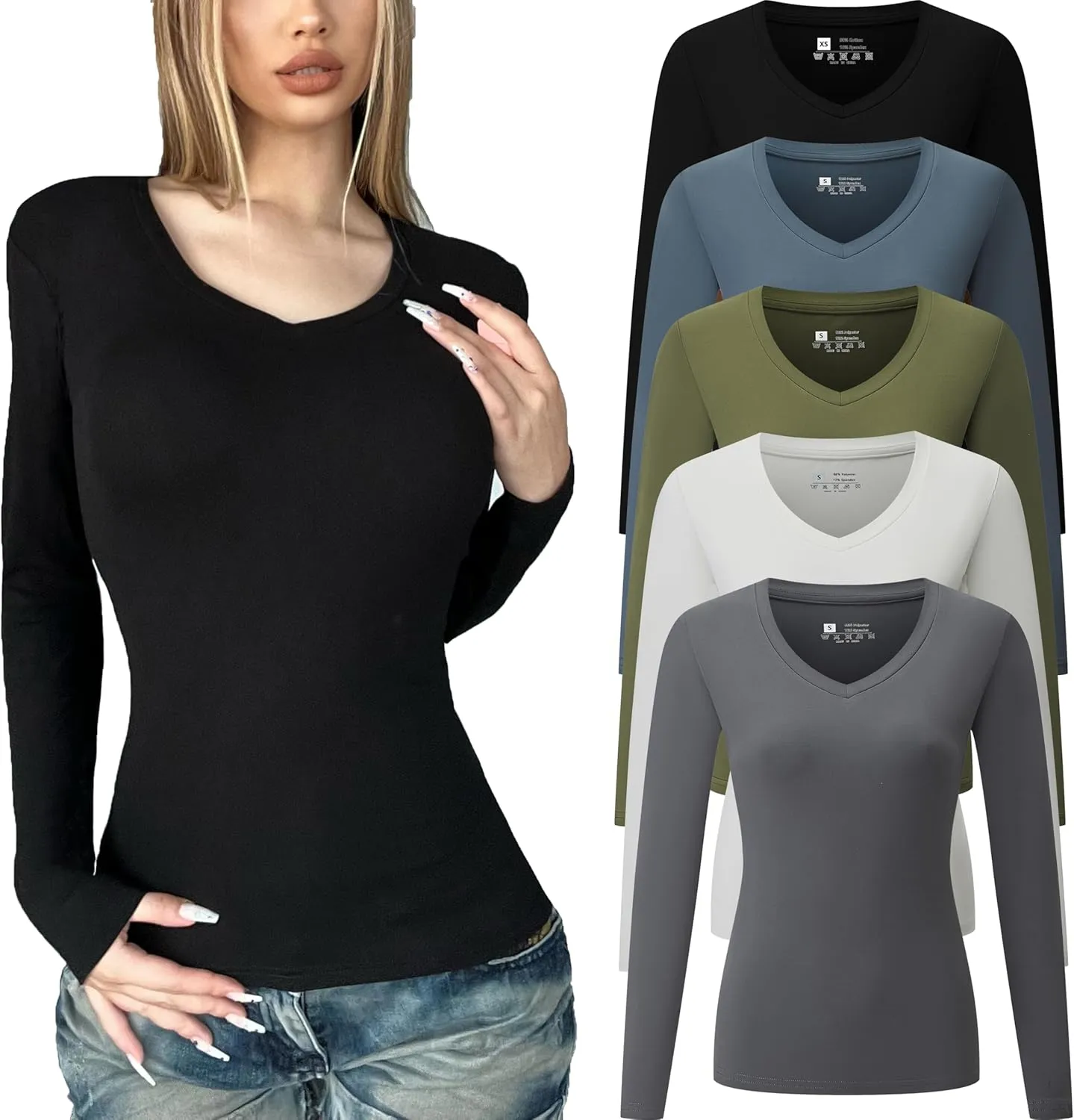 FMNNNN 5 Piece Womens V Neck Long Sleeve Shirts Basic Spring Crop Tops Fall Fashion Layering Slim Fitted Y2k Tops