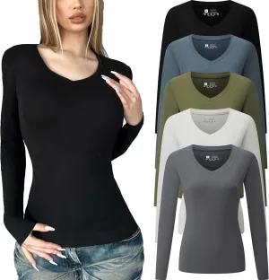 FMNNNN 5 Piece Womens V Neck Long Sleeve Shirts Basic Spring Crop Tops Fall Fashion Layering Slim Fitted Y2k Tops