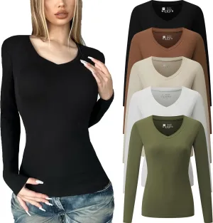 FMNNNN 5 Piece Womens V Neck Long Sleeve Shirts Basic Spring Crop Tops Fall Fashion Layering Slim Fitted Y2k Tops