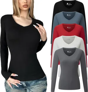 FMNNNN 5 Piece Womens V Neck Long Sleeve Shirts Basic Spring Crop Tops Fall Fashion Layering Slim Fitted Y2k Tops