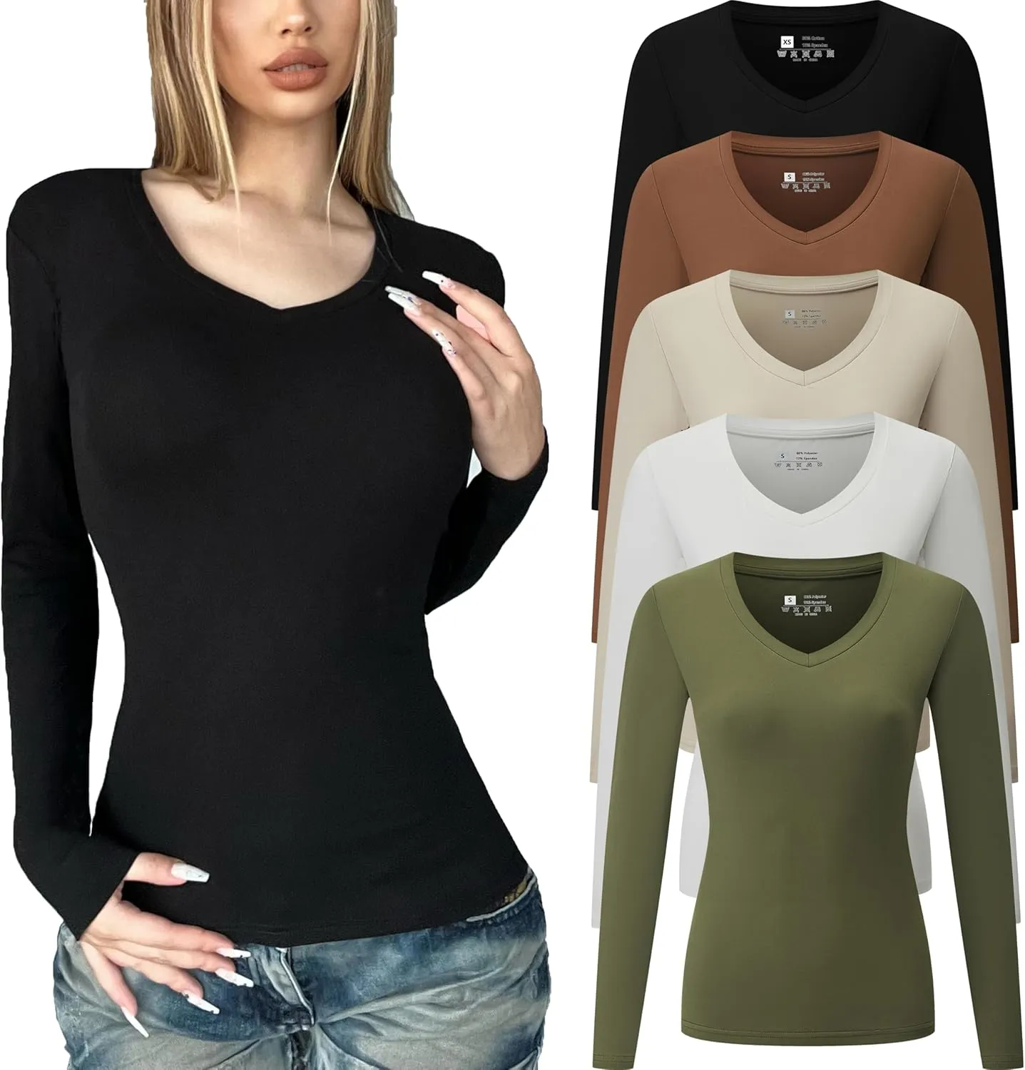 FMNNNN 5 Piece Womens V Neck Long Sleeve Shirts Basic Spring Crop Tops Fall Fashion Layering Slim Fitted Y2k Tops