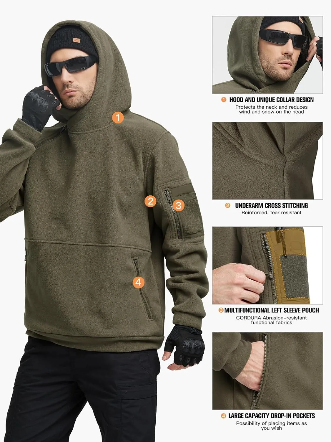 FREE SOLDIER Men's Tactical Winter Fleece Pullover Hoodie Warm Long Fleece lined Hooded Sweatshirt