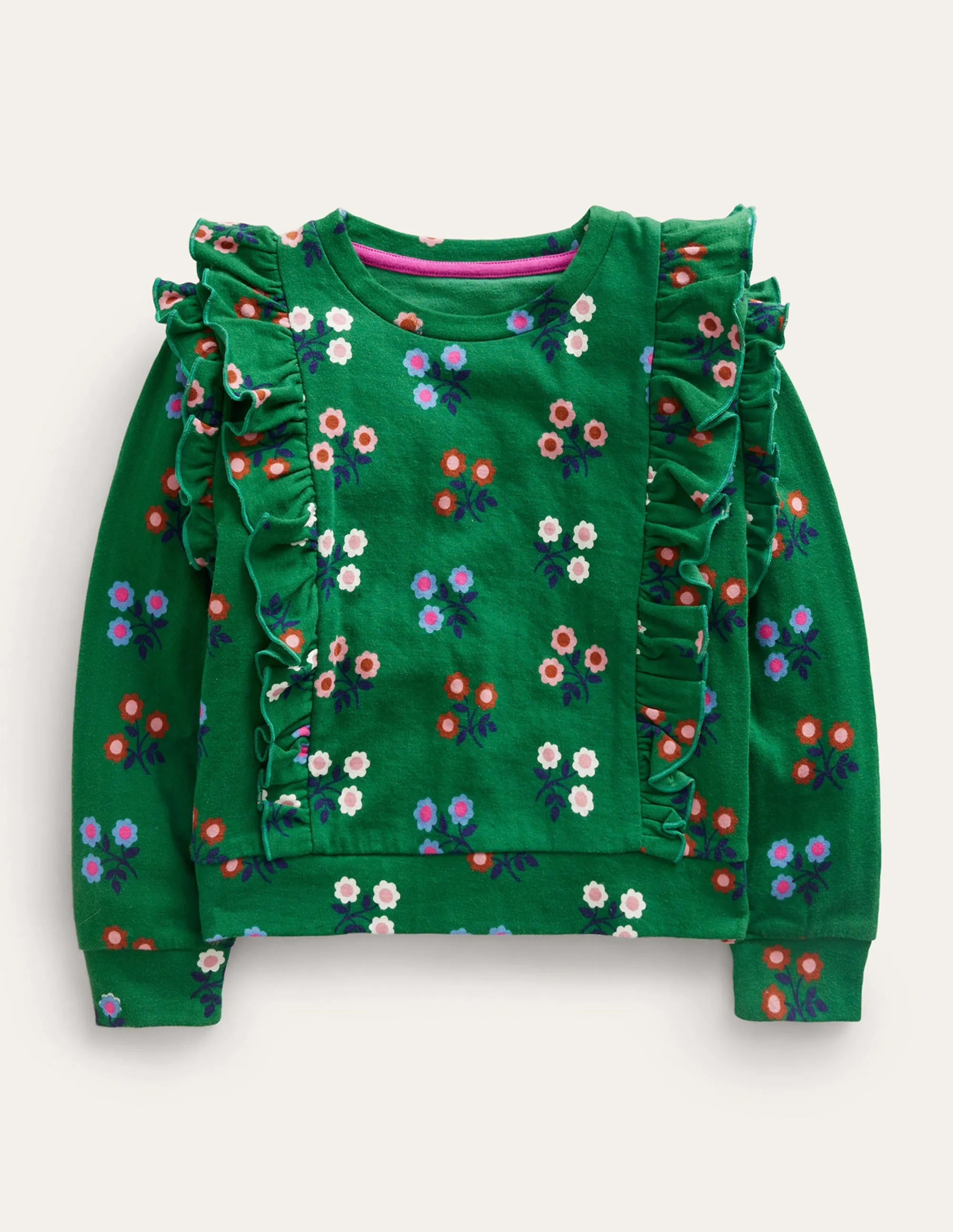 Frill Printed Sweatshirt-Green Flower