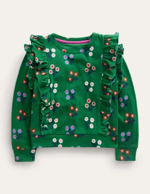 Frill Printed Sweatshirt-Green Flower
