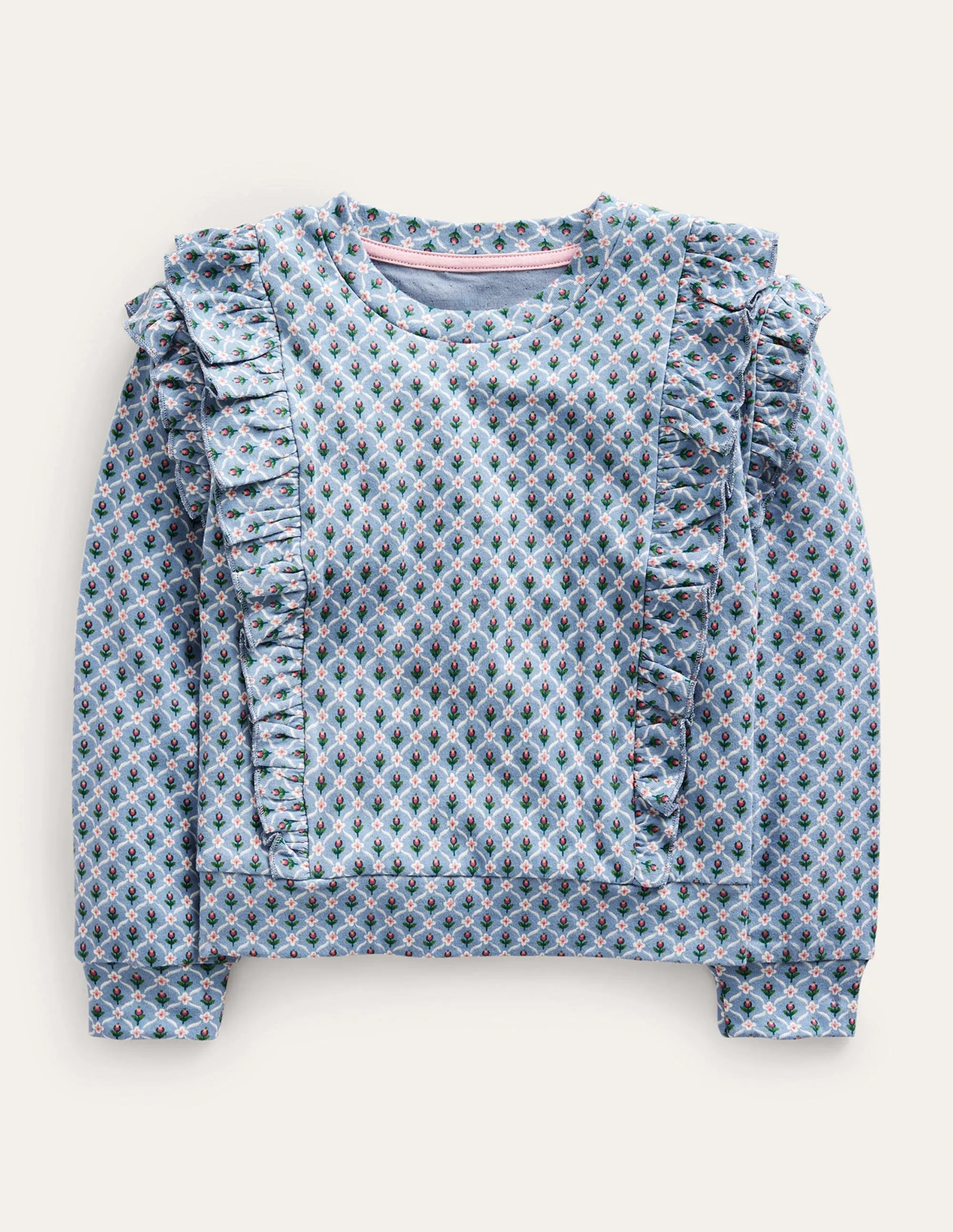 Frill Printed Sweatshirt-Pebble Blue Flower
