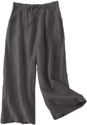 FTCayanz Women's Linen Cropped Wide Leg Pants Elastic Waist Casual Palazzo Trousers with Pockets