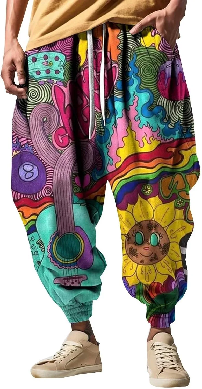 Funny Pattern Hippie Harem Pants for Men Baggy Loose Yoga Lounge Pants Hip Hop Aladdin Boho Drop Crotch Trousers